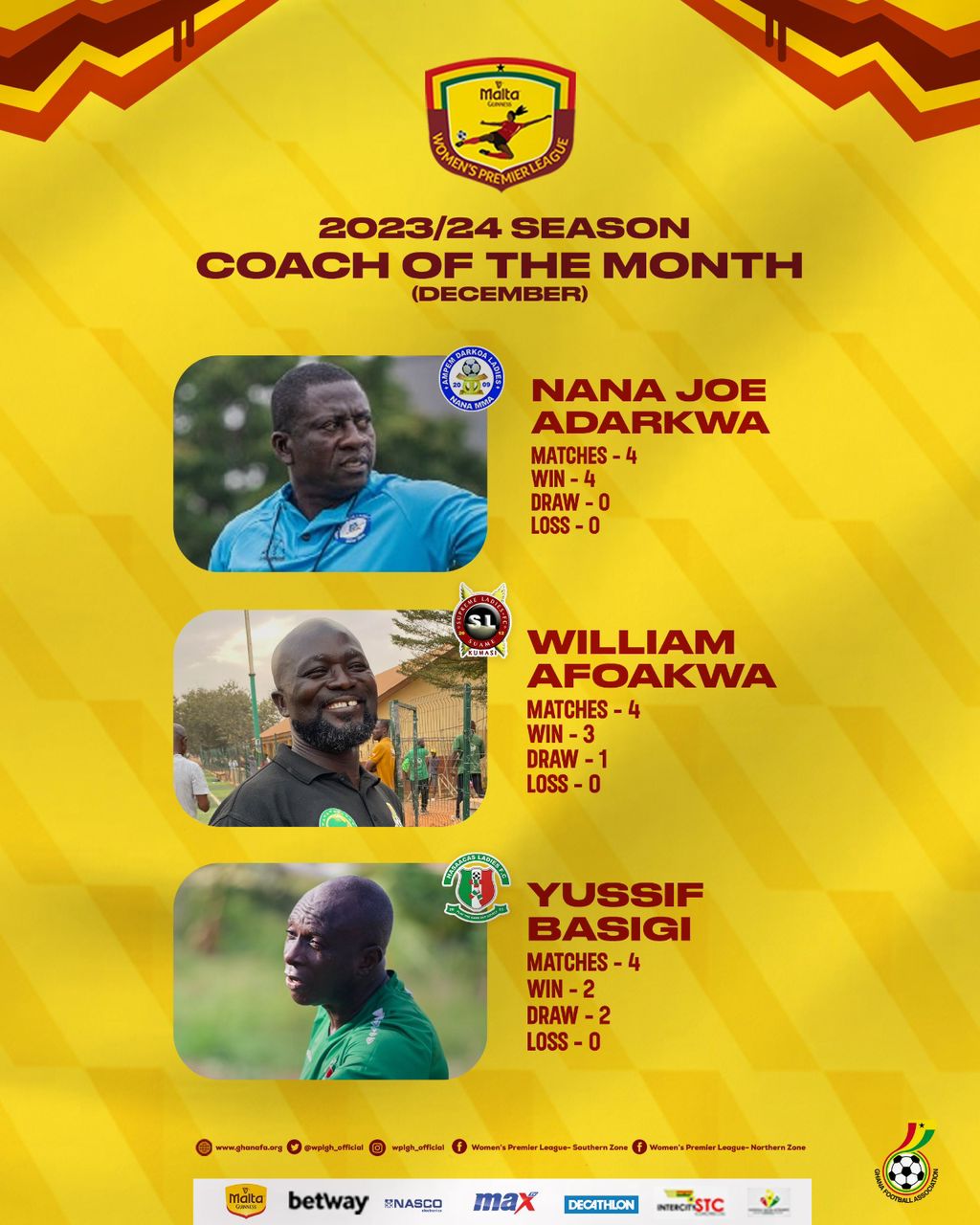 Three coaches shortlisted for NASCO Coach of the month for December award